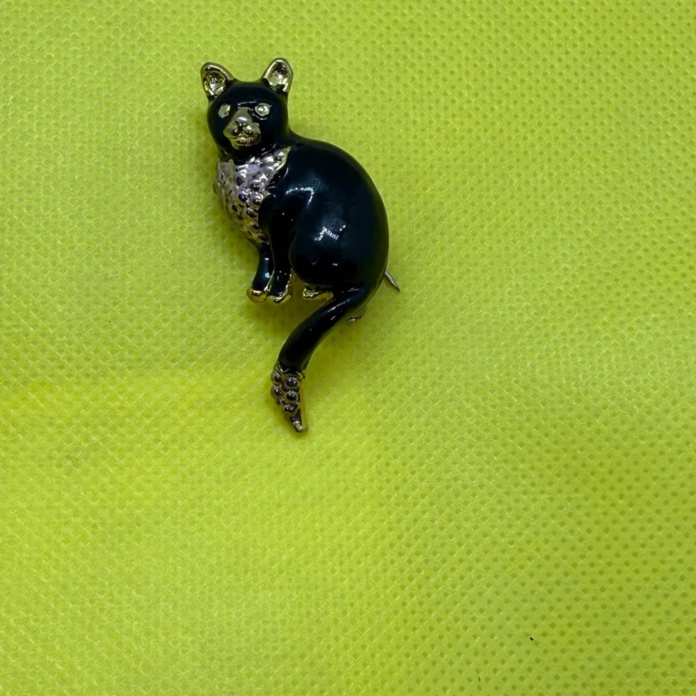 Vintage Black Cat Brooch with Gold and pink Accents